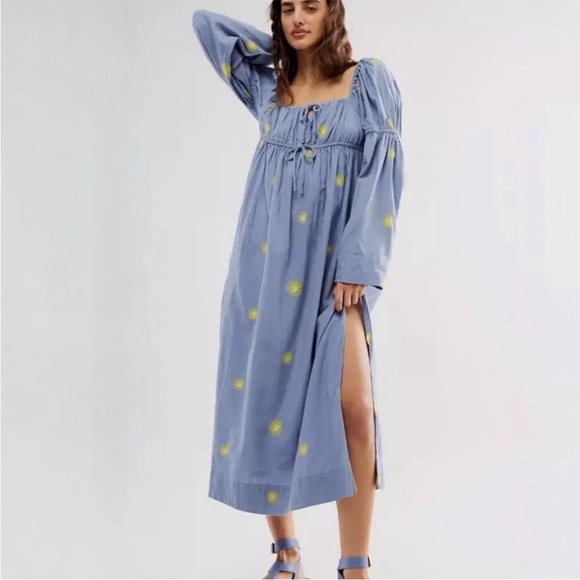 FREE PEOPLE Emory Embroidered Midi Dress In Blue Combo Sz XS NWT Cottagecore - Picture 1 of 14